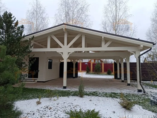 Деревянный навес для двух авто с хозблоком ПАНТЕОН — Фото 4