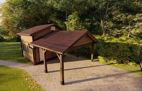 Деревянный навес для двух машин с каркасным домиком ОЛИМП — Фото 15