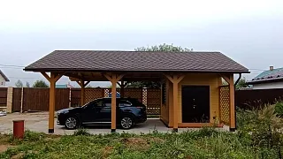 Деревянный навес для машин с хозблоком ЭЛЛАДА - миниатюра