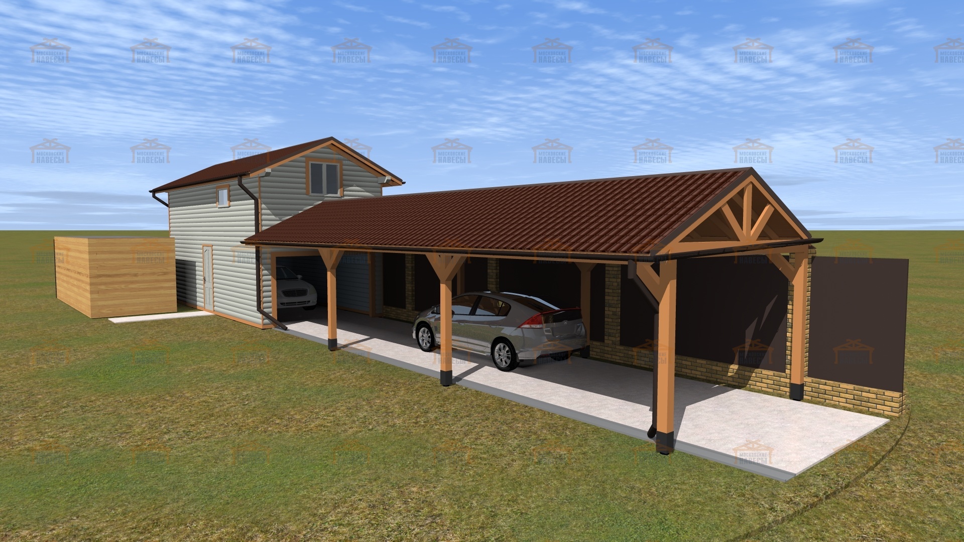Деревянный гараж и навес для авто 4х22 метра